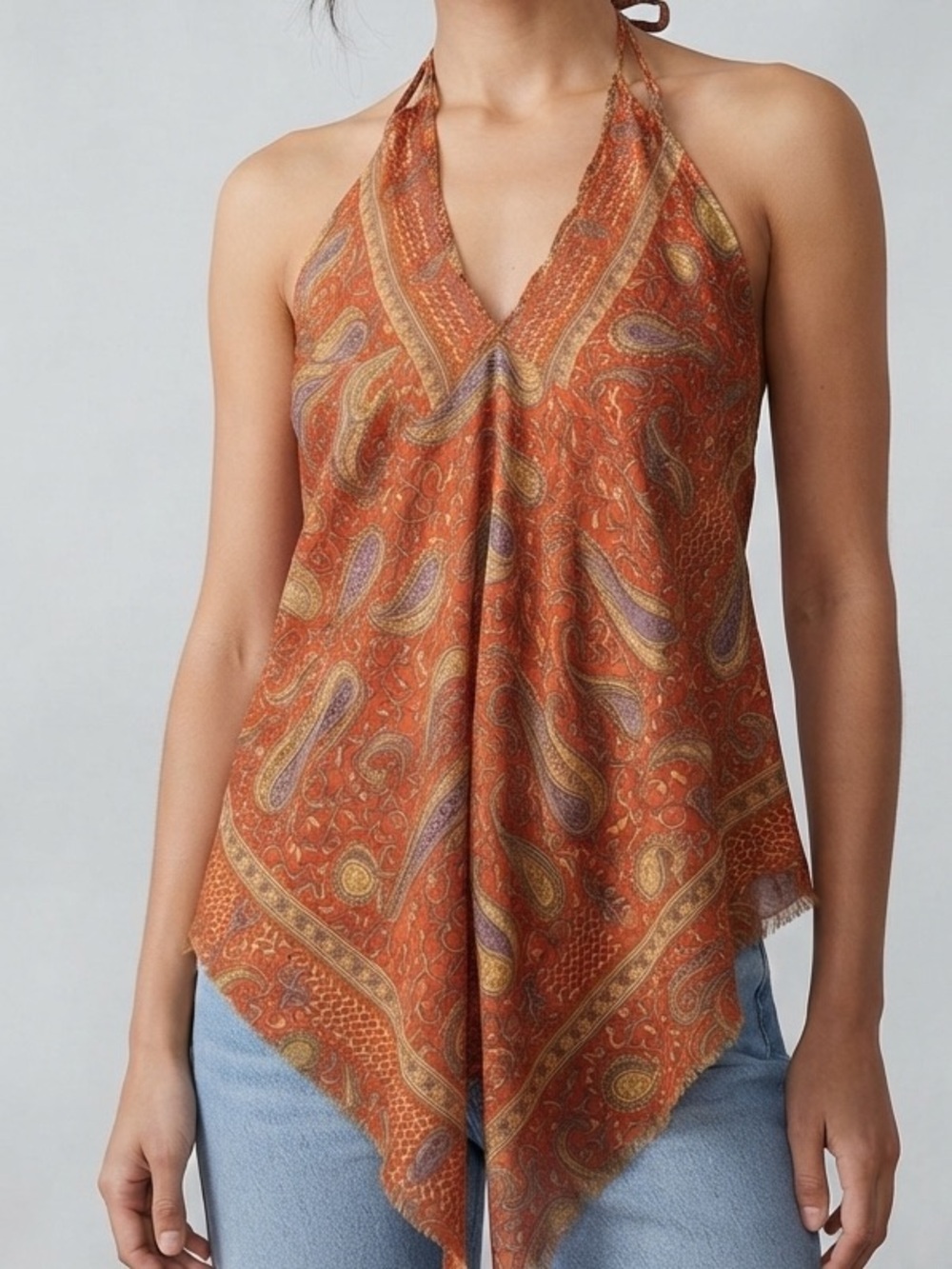 Y2K Tempol Paisley Print Halter Neck Handkerchief Cami Size Small